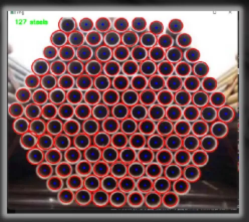 Round-pipe detection: every pipe end the algorithm found is circled, 127 in this photo
